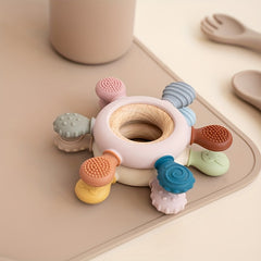 Silicone Baby Teether Rudder Shape Wooden Teether Ring Touch Training BPA Toy