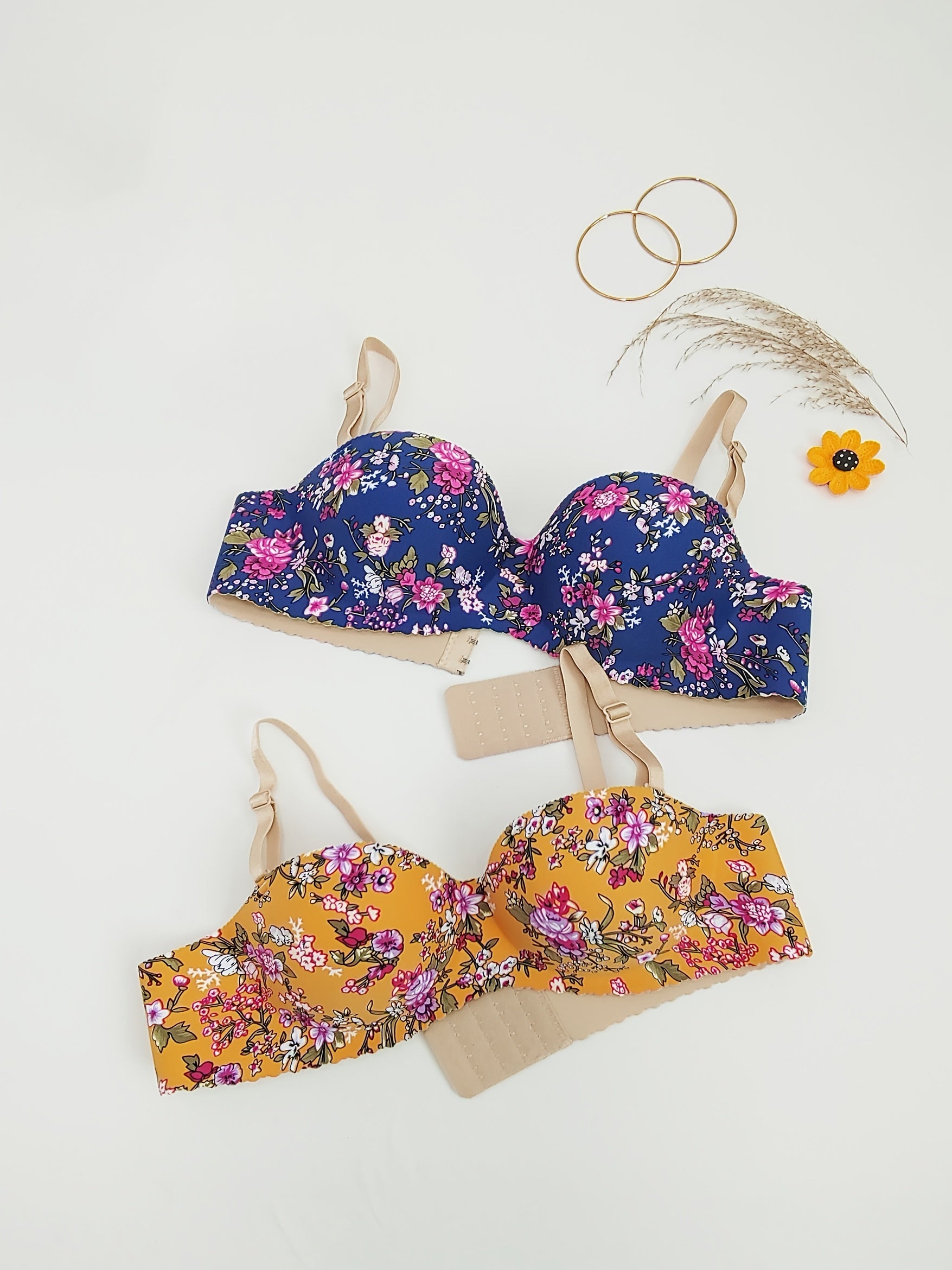 2pcs Floral Print Push Up Bra Pack Seamless Bralette Women's Lingerie
