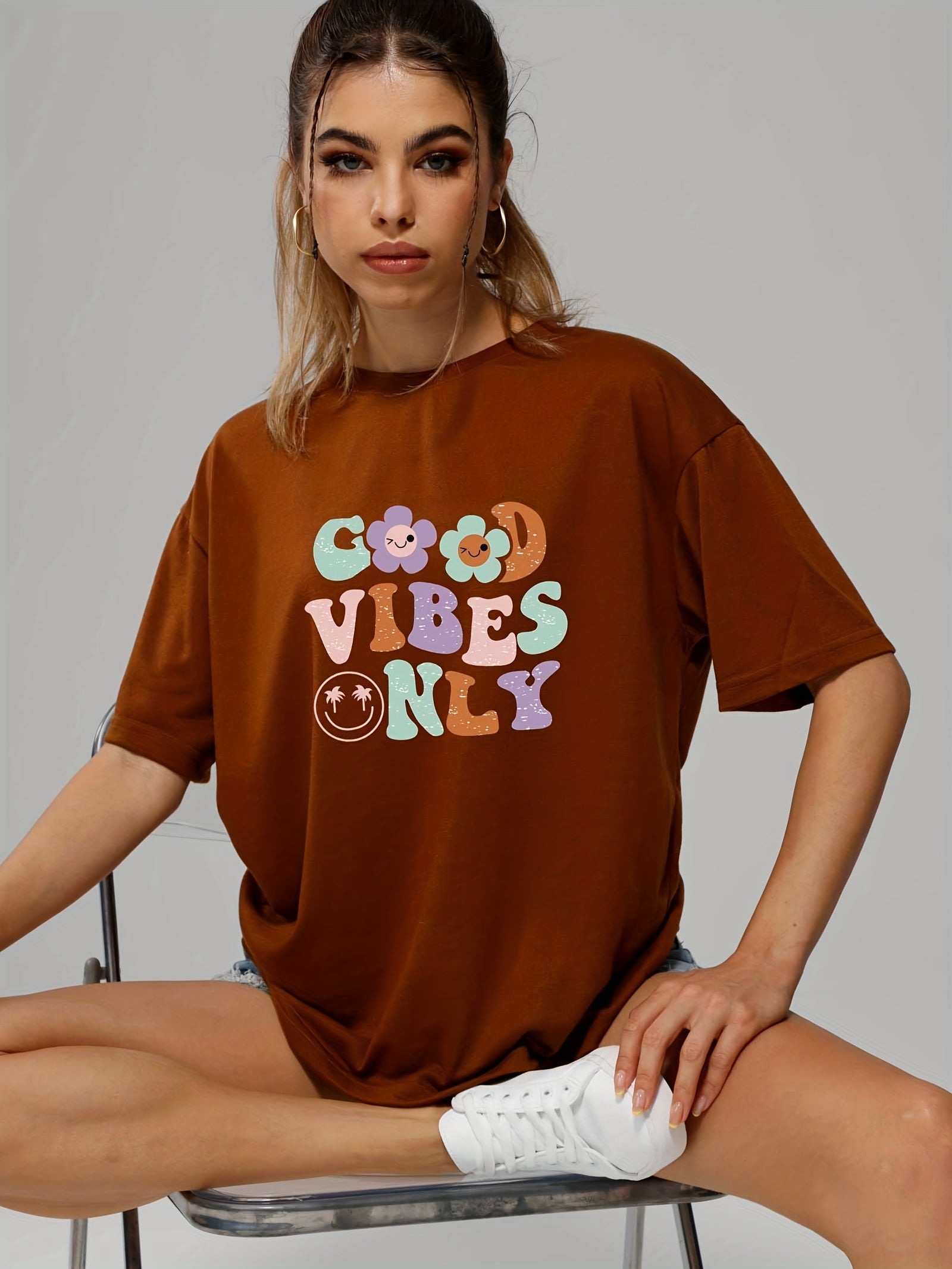 Smiling Face & Cartoon Flower & Letter Print T shirts Short Sleeve O neck