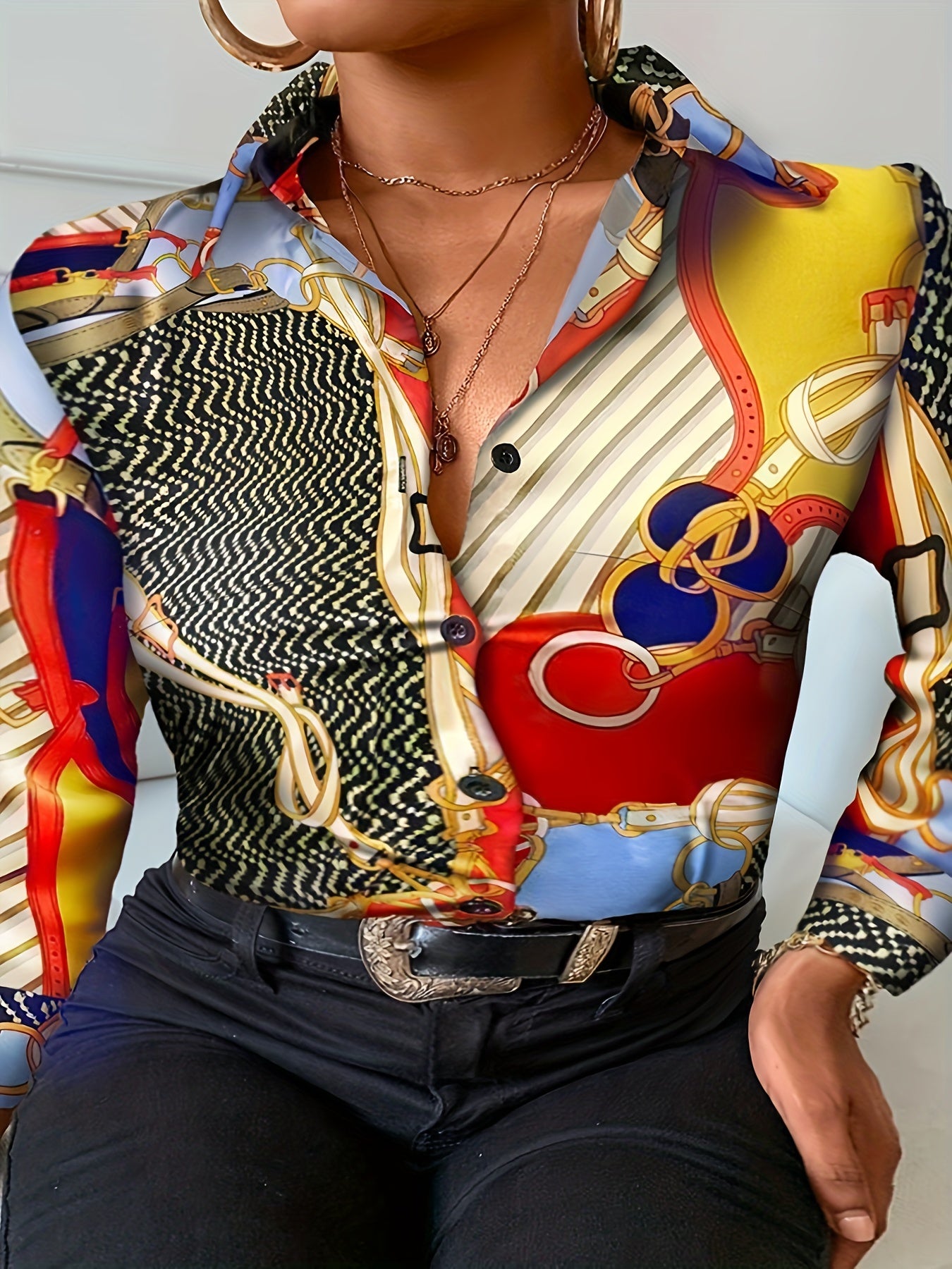 Colorblock Chain Print Long Sleeve Button Up Shirt