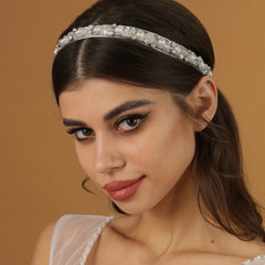 Rhinestone Faux Pearl Headband Crystal Beads Tiara With Ribbon