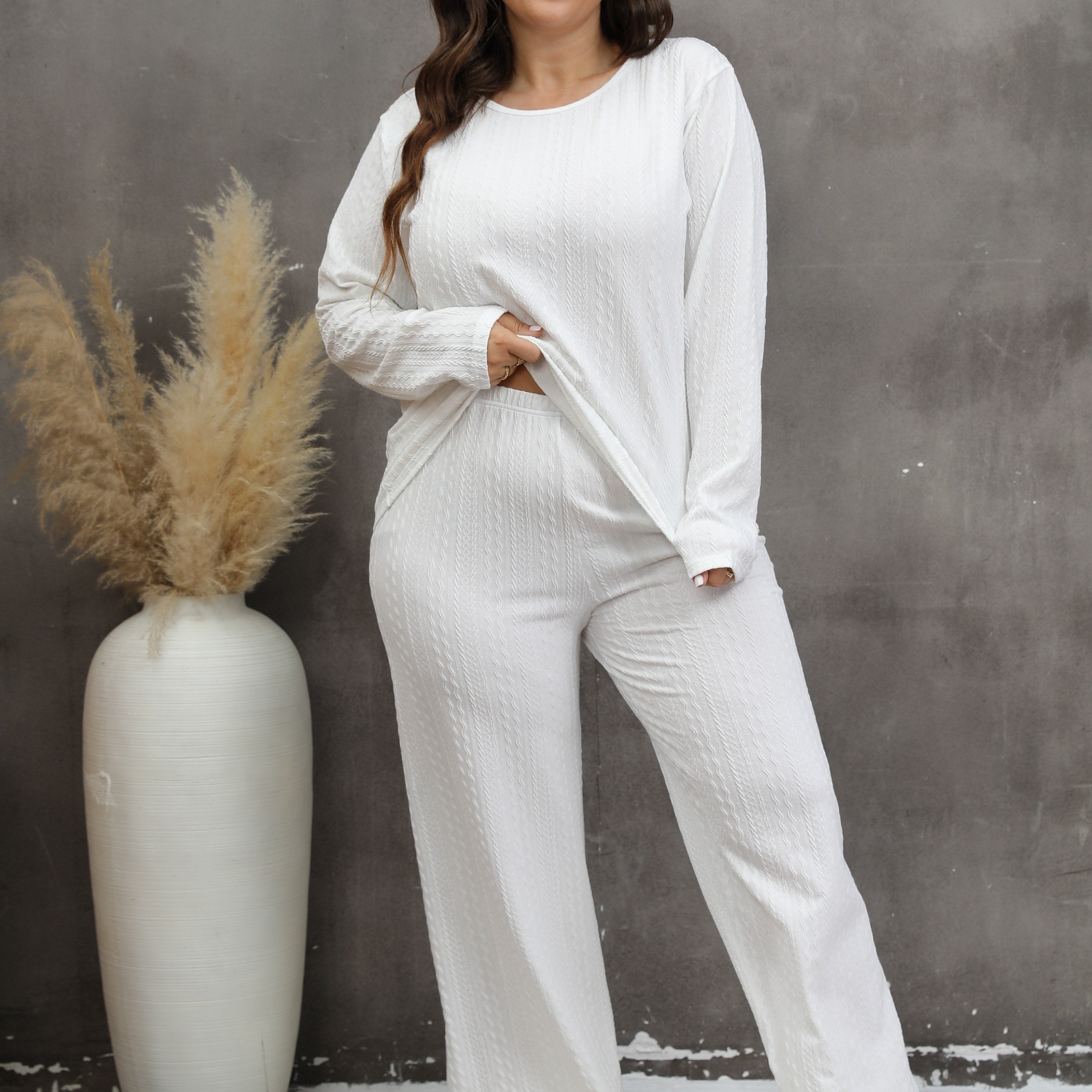 Solid Textured Pajama Set Long Sleeve Top & Pants Two Piece Lounge Set
