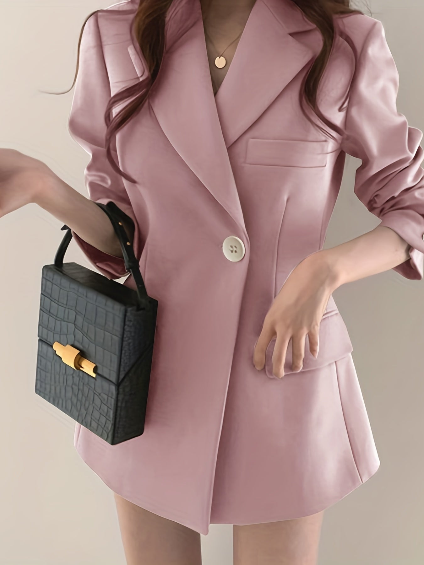 Solid Button Front Lapel Blazer Long Sleeve Pockets Blazer