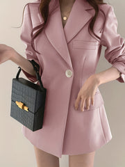 Solid Button Front Lapel Blazer Long Sleeve Pockets Blazer