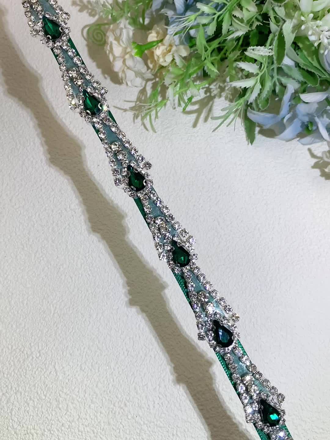 Green Satin Sash with Rhinestone Belt for Bridal Waist Accessory