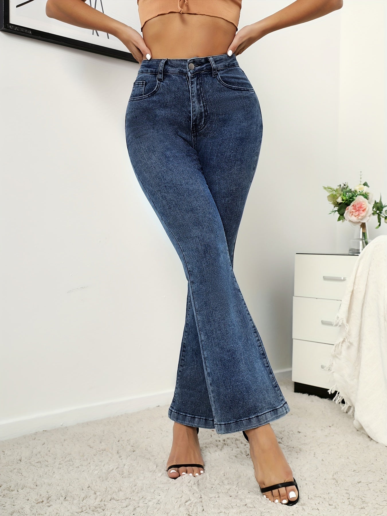 Dark Flared Jeans Wide Legs Bell Bottom High Waist Denim Pants