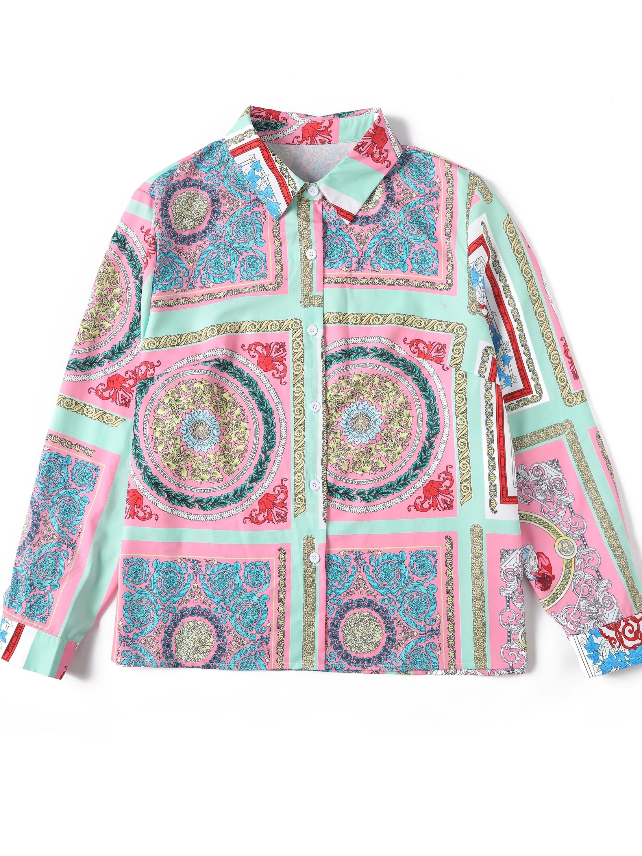 Boho Blouse Patchwork Print Long Sleeve Button Up Shirt Top