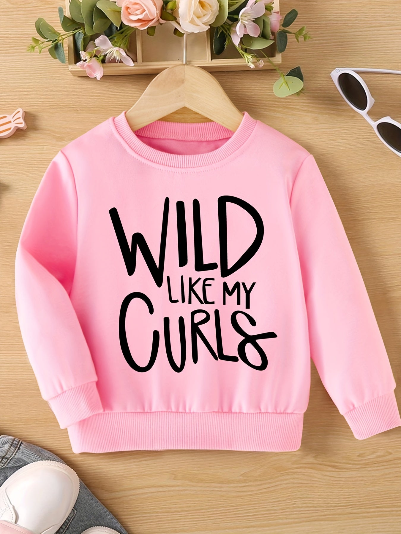 WILD LIKE MY CURLS Letter Print Girls Casual Sweatshirt