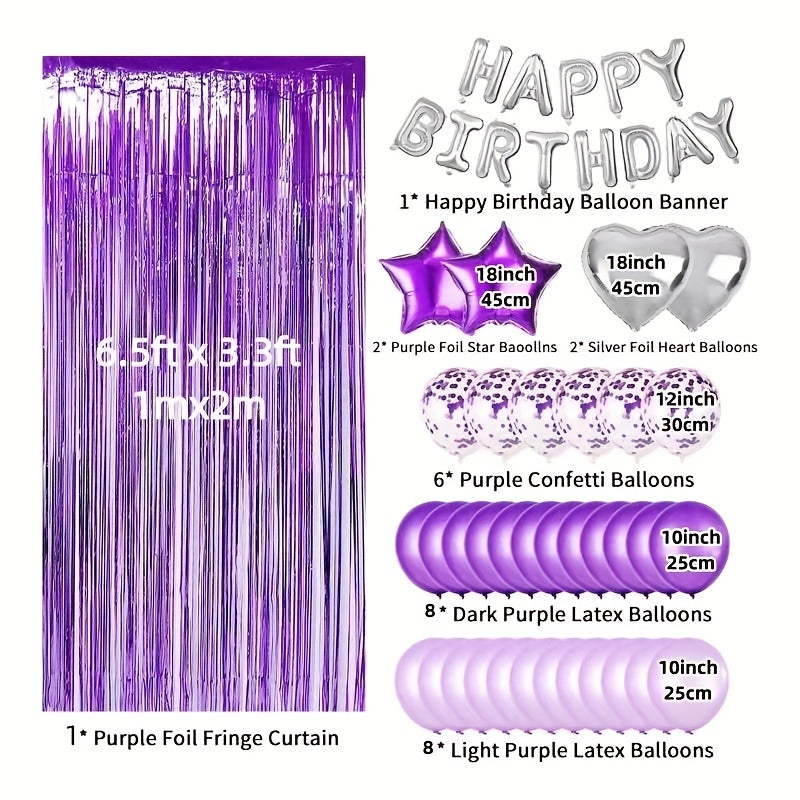 29pc Purple & Silver Birthday Balloon Set with Fringe Curtain