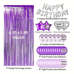 29pc Purple & Silver Birthday Balloon Set with Fringe Curtain