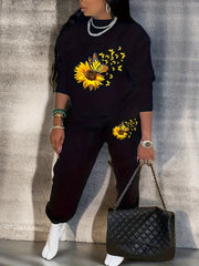 Women's Plus Sunflower & Butterfly Print Fleece Sweatshirt & Jogger Set