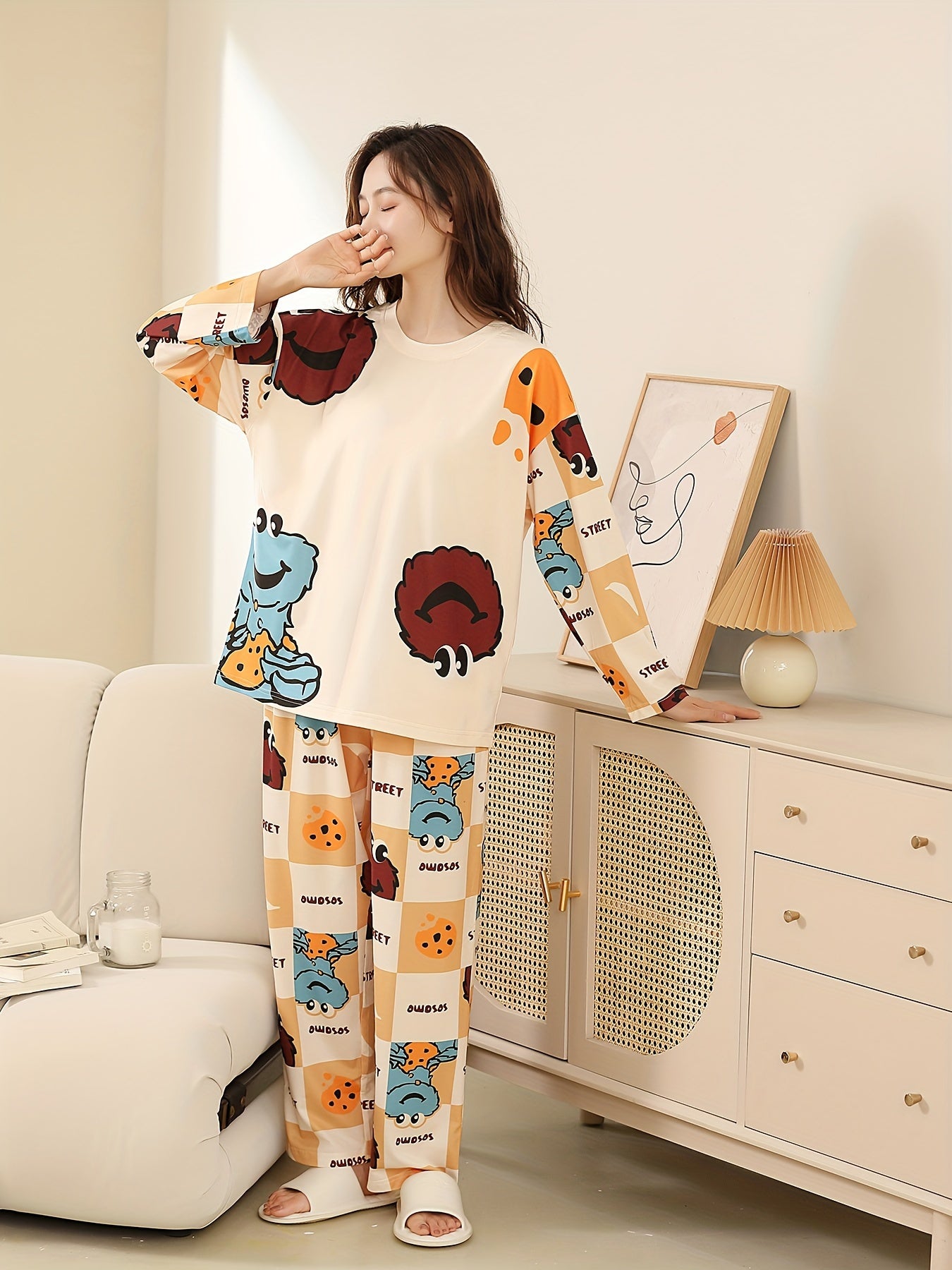 Cartoon Print Pajama Set Long Sleeve Top & Pants