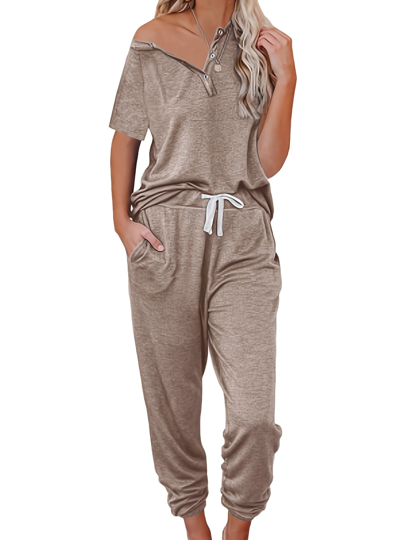 Casual Solid 2pc Set Short Sleeve Button T-shirt & Drawstring Pants