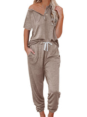 Casual Solid 2pc Set Short Sleeve Button T-shirt & Drawstring Pants