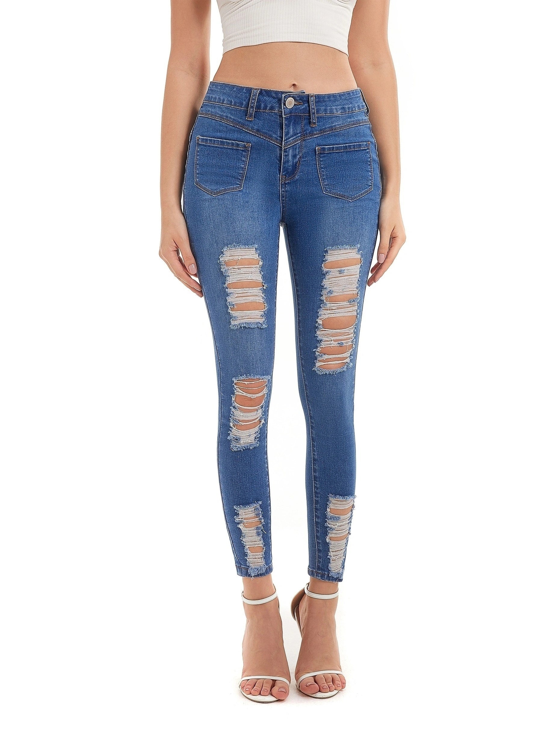 Solid Ripped High Stretch Skinny Jeans