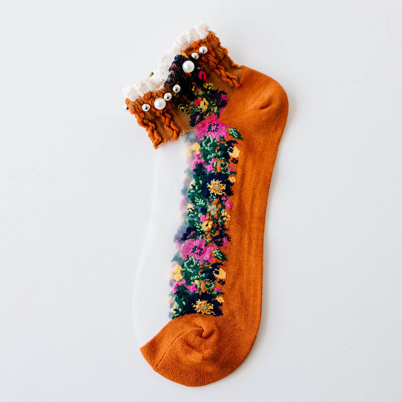 Faux Pearl Lace Trim Ankle Socks Soft Women's Stockings