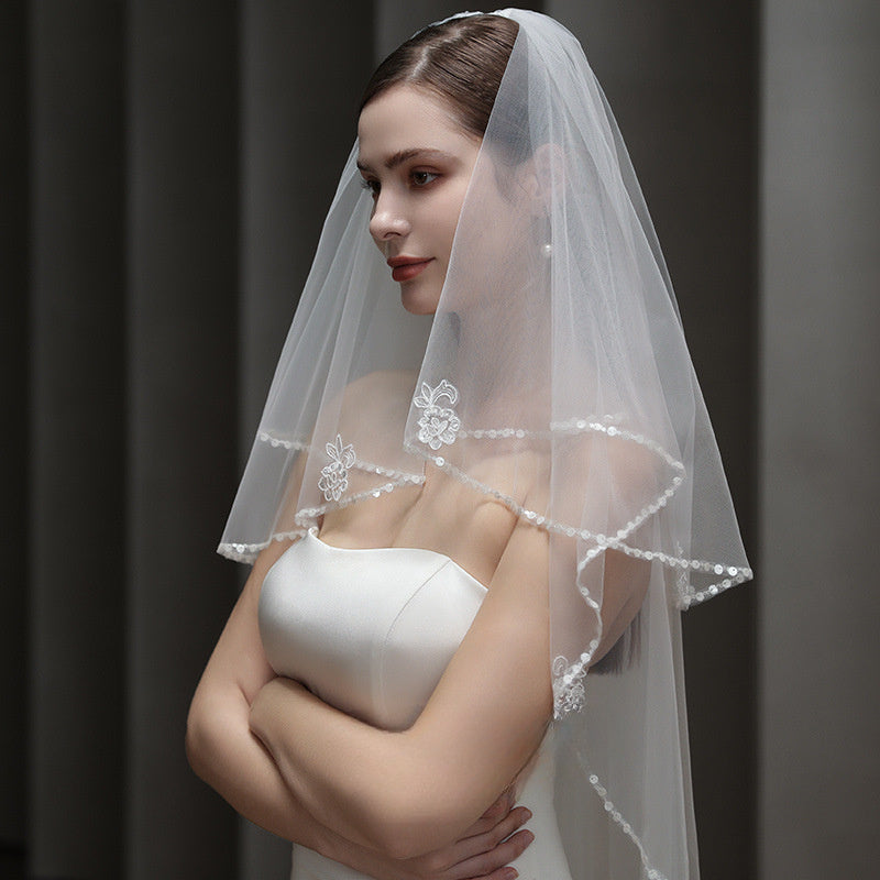 Princess Style Sheer Tulle Bridal Veil with Floral Embellishments