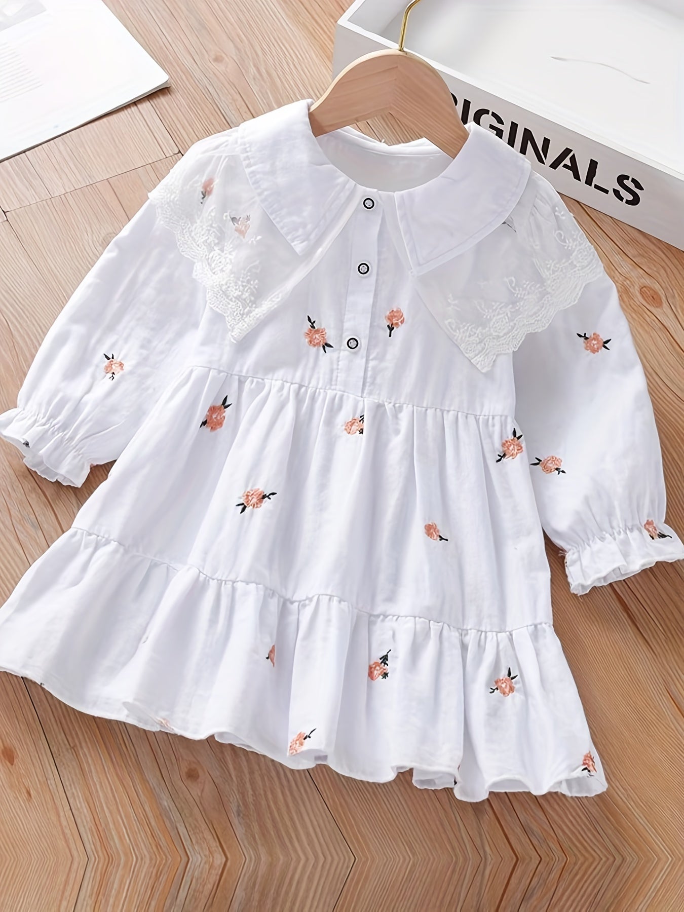 Girls' Blossom Lace Collar Dress Long Sleeve Comfy Fit Casual Autumn Spring
