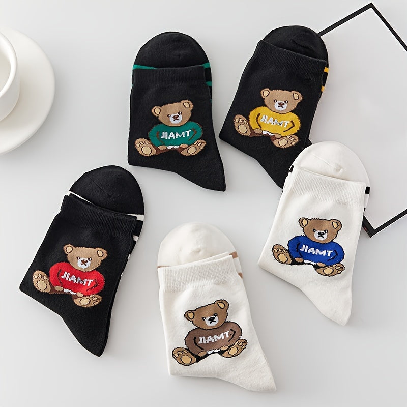 5 Pairs Cartoon Bear Print Crew Socks Women's Stockings