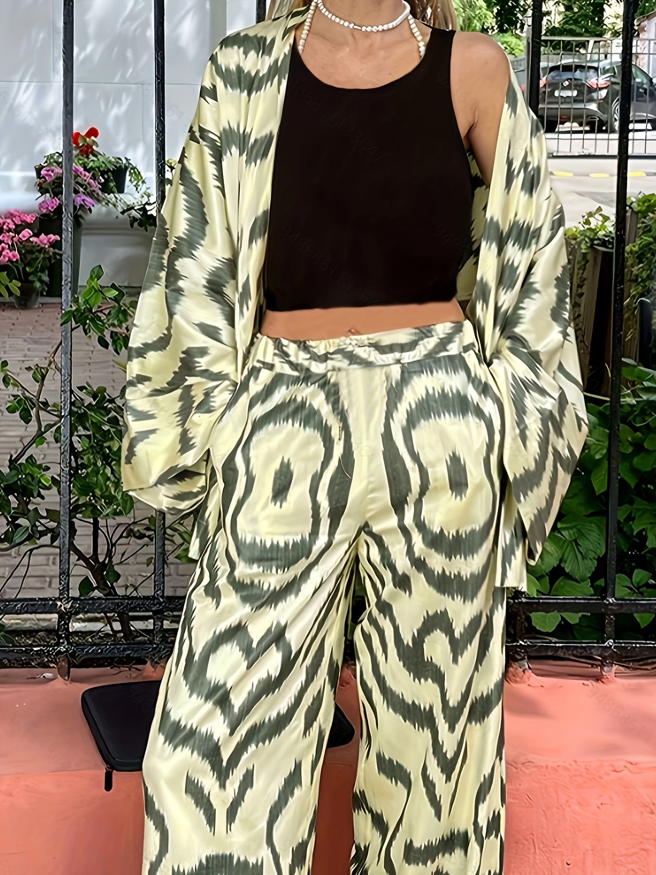Print Long Sleeve Cardigan & Wide Leg Pants Set