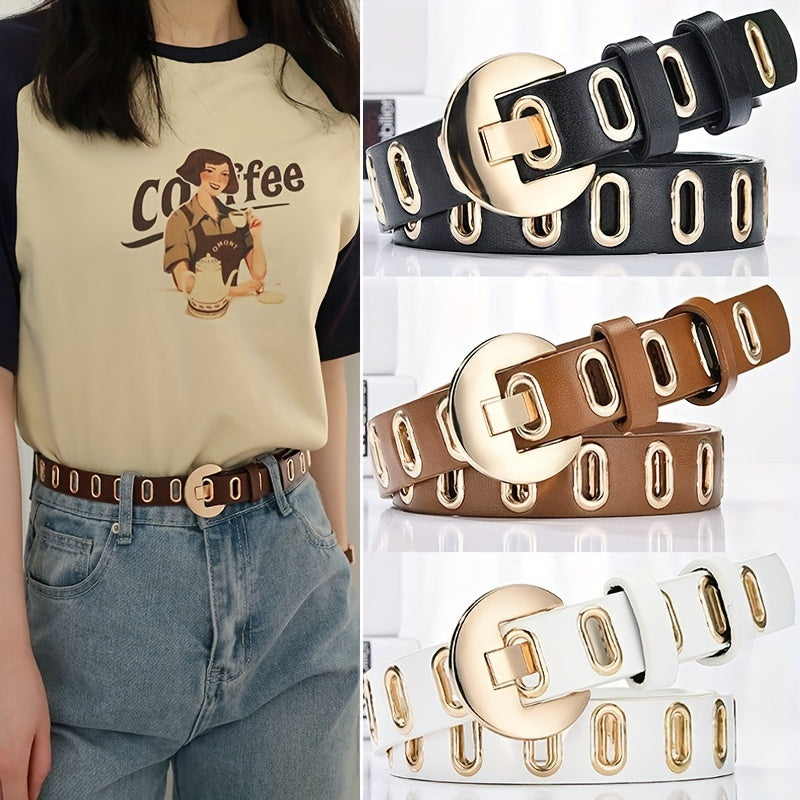 Oval Rivet Belt Casual Hollow PU Leather Women Pin Buckle Pants Belts
