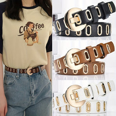 Oval Rivet Belt Casual Hollow PU Leather Women Pin Buckle Pants Belts
