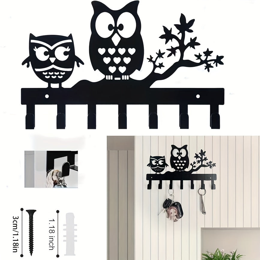 Owl Key Hanger with 7 Hooks - Decorative Metal Keychain Organizer