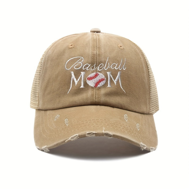 Mom Embroidery Ponytail Trucker Hat Distressed Softball Mom Baseball Cap