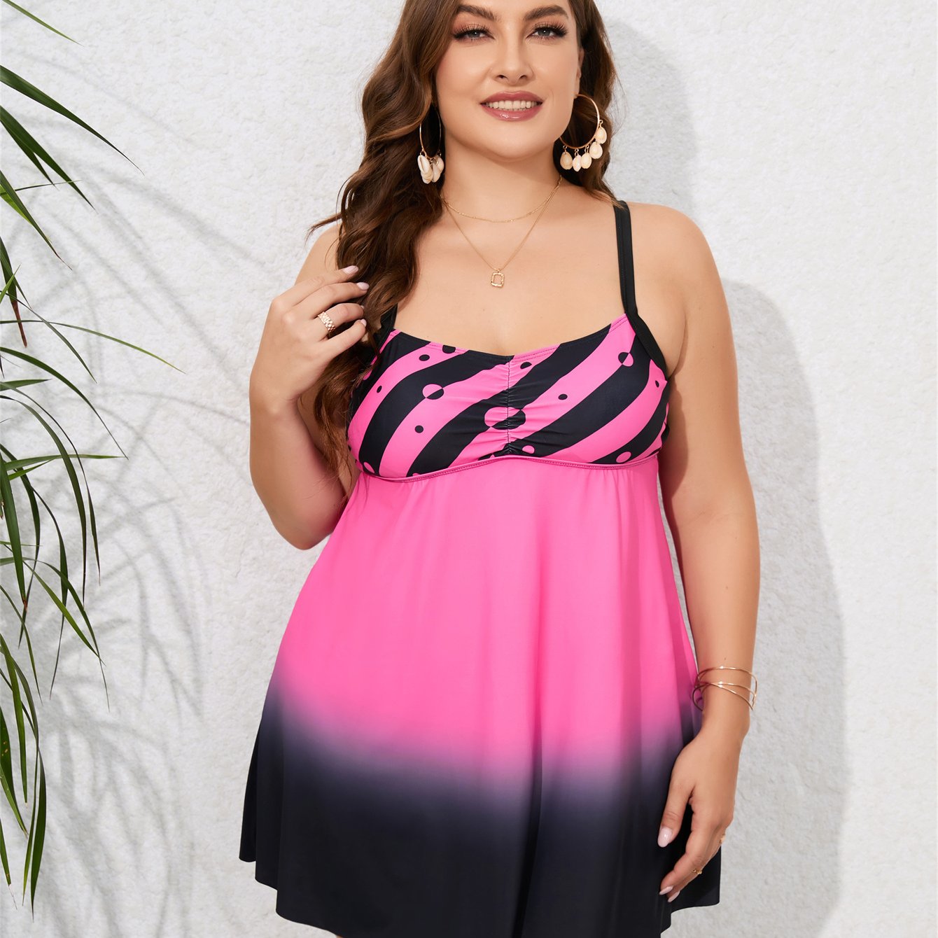 Casual Tankini Set Ombre Print Tunic Top & Underwear Two Piece Set