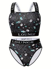 Gothic Halloween Underwear Set Octopus Skull Print Bra