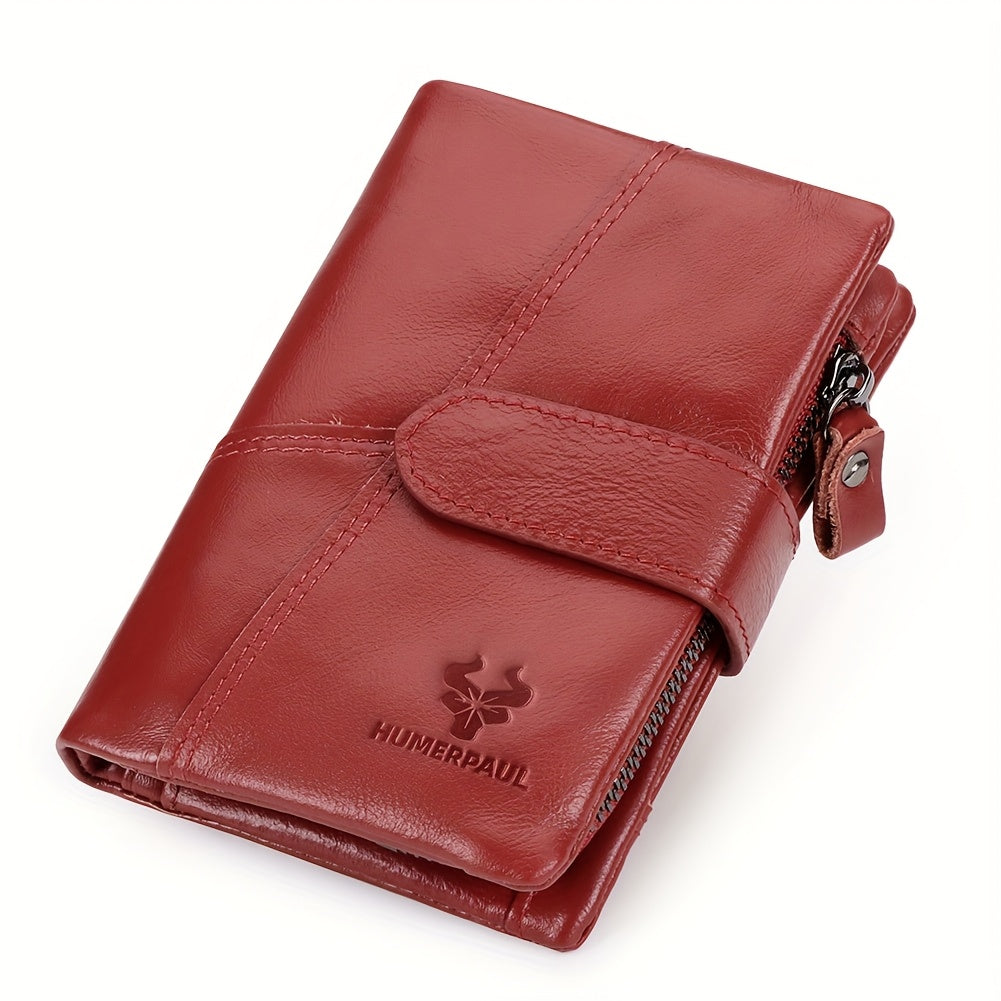 HUMERPAUL Women's Red Leather Clutch Bi-Fold Snap Closure Lanyard