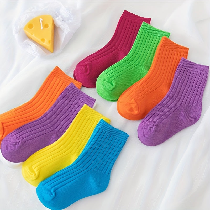 3 Pairs Kids Colorful Crew Socks, Fluorescent Striped, Four Seasons, Mid Tube