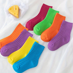 3 Pairs Kids Colorful Crew Socks, Fluorescent Striped, Four Seasons, Mid Tube