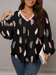 Feather Print Lace Sleeve V Neck Top