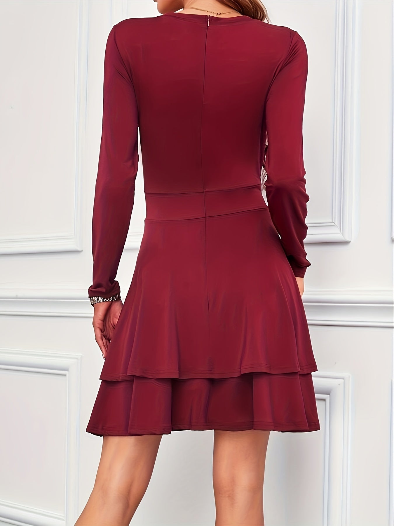 Solid Long Sleeve V Neck Layered A line Dress