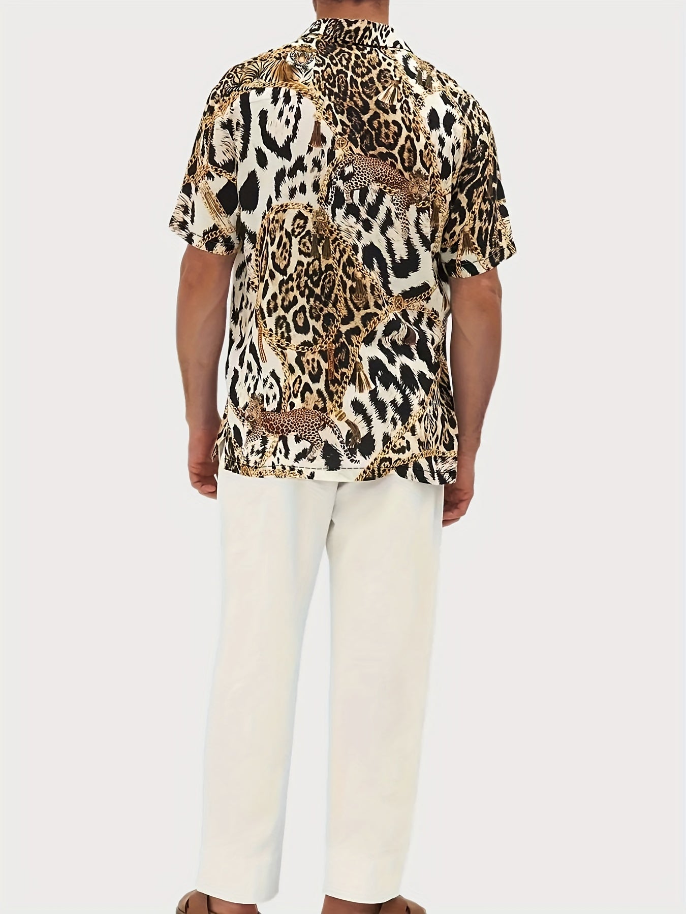Men's Leopard Print Camp Collar Bowling Shirt Short Sleejsons Disco Closure