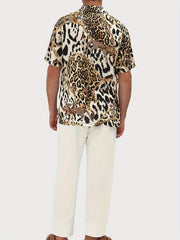 Men's Leopard Print Camp Collar Bowling Shirt Short Sleejsons Disco Closure