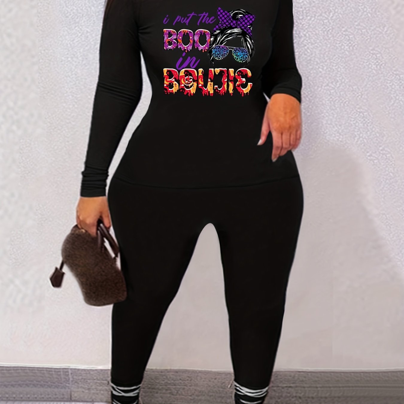 Halloween Casual Outfits Set Women's Plus Skull & Letter