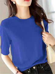 Half Sleeve Knit Sweater Crew Neck Solid Sweater For Spring & Summer