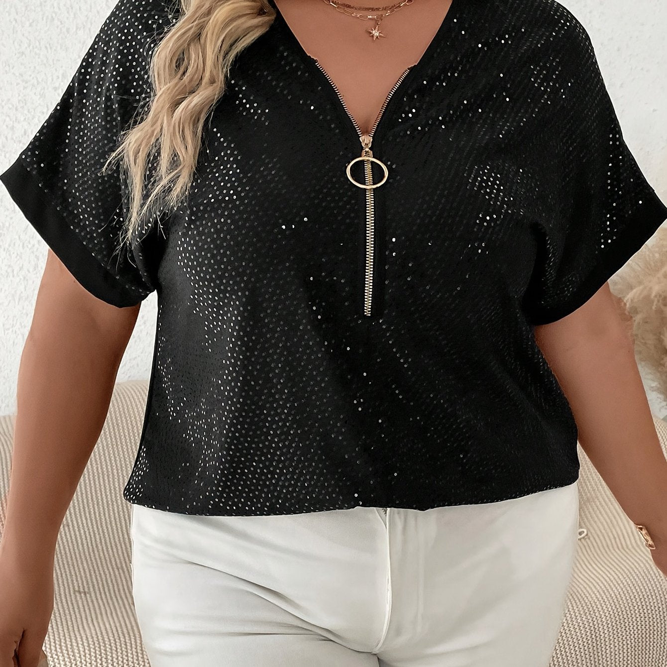 Women's Plus Sequin Zipper Short Sleeve V Neck Tunic Top