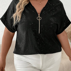 Women's Plus Sequin Zipper Short Sleeve V Neck Tunic Top