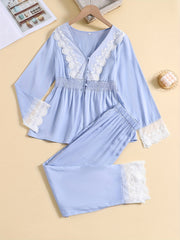 Lace Pajama Set Top & Elastic Waistband Pants Women's Sleepwear