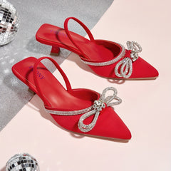Rhinestone Bow Kitten Heel Slingback Sandals Dress Low Heels