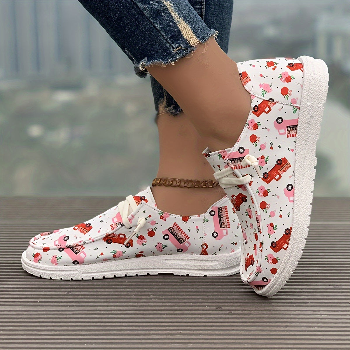 Women's Skateboard Shoes Rose Happy Truck Cartoon Flat Lace-up Canvas