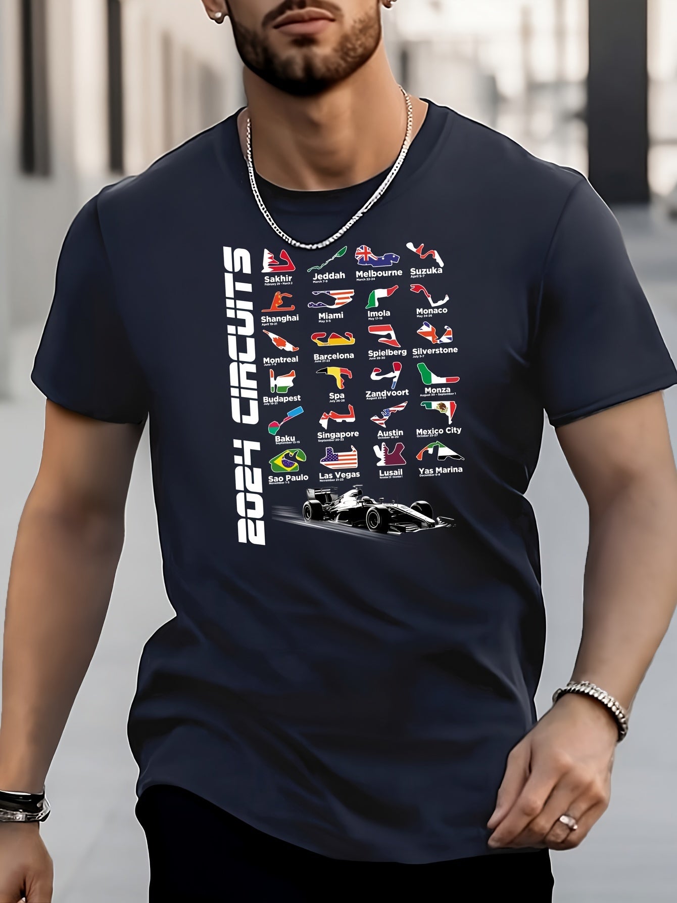 Racing Car Flag Print Men's Street Style T-shirt for Summer