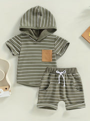2pcs Baby Boys Short Sleeve Hooded Top & Shorts Set for Summer
