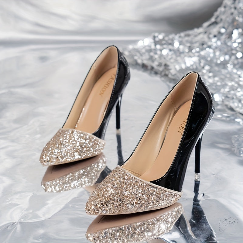 Sequins Pattern Point Toe Stiletto Heel Shoes