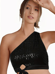 Sequin Crop Tank Top Casual Tie Front Sleeveless Summer Top