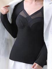 2pcs Contrast Mesh Thermal Tops V Neck Top Women's Lingerie