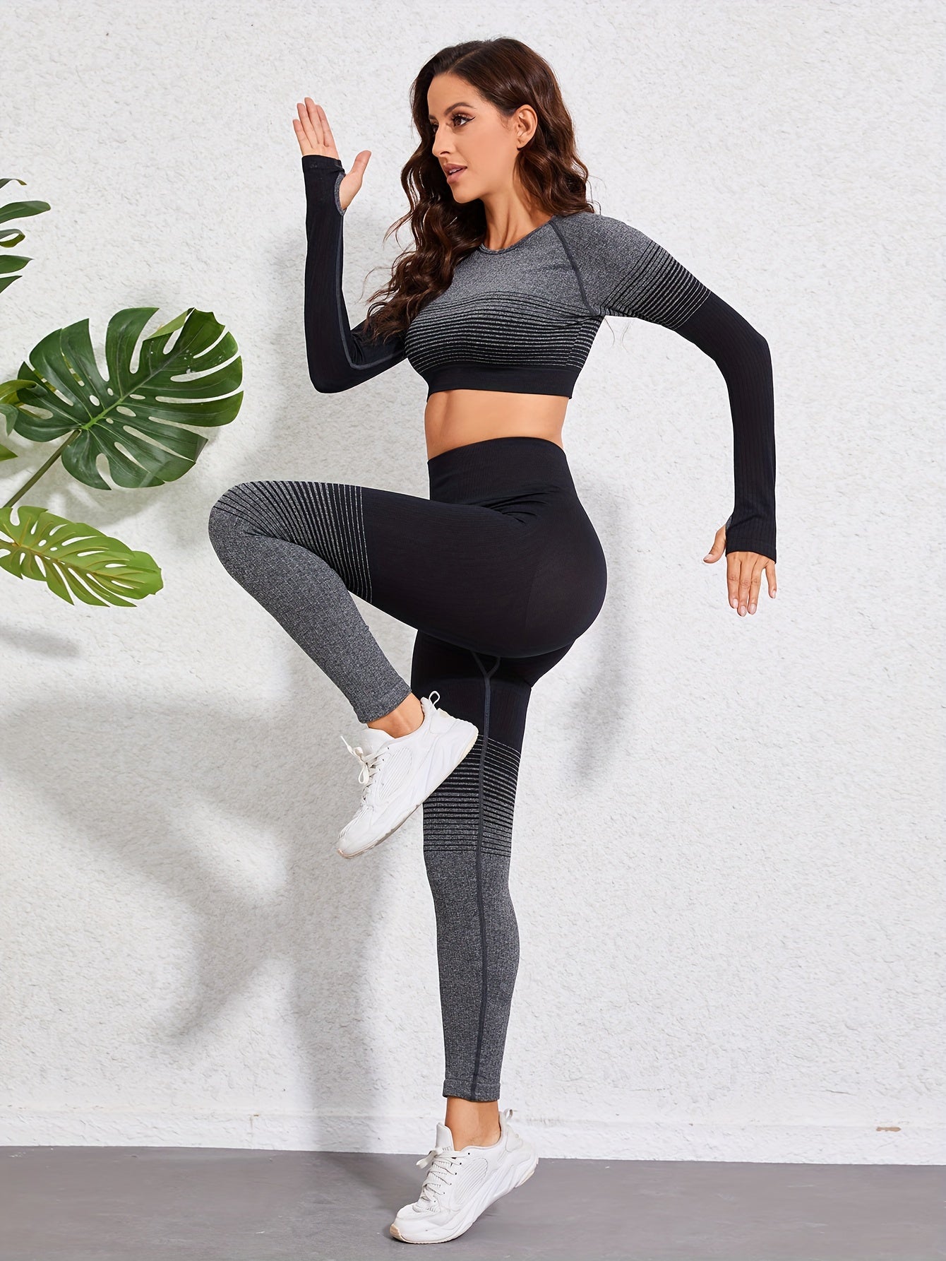 2Pcs Seamless Sports Set Long Sleeves Round Neck Tee & High Waist Yoga Leggings